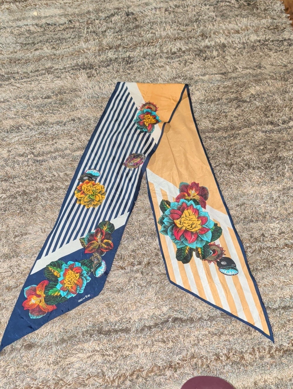 Vintage Silk Acute 6.5×60 Botanical Striped Scarf in Navy & Mustard